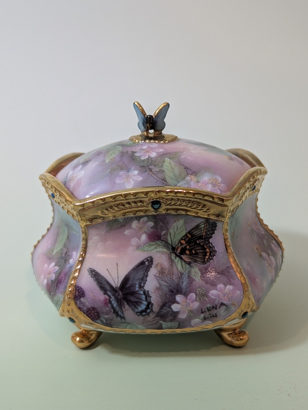 Lena Lavender and Pink Butterfly Porcelain Music/Jewelry Box with Gold Accents